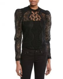 Scalloped Floral Lace Puff-Sleeve Top self portrait at Neiman Marcus